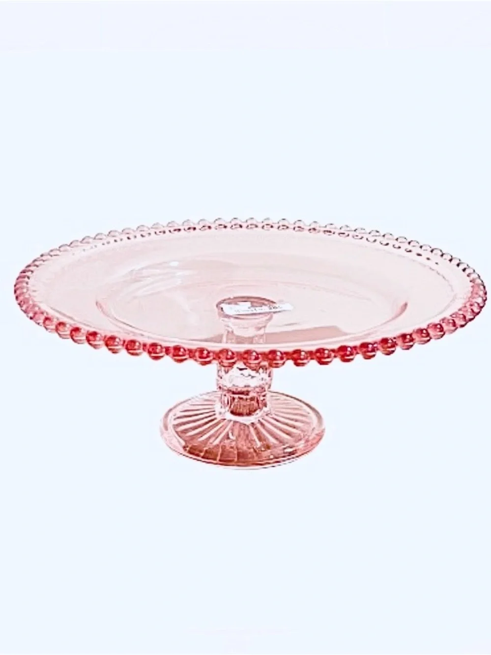 🆕- Pink Glass Pedestal Cake Stand with Beaded Hobnail Edge